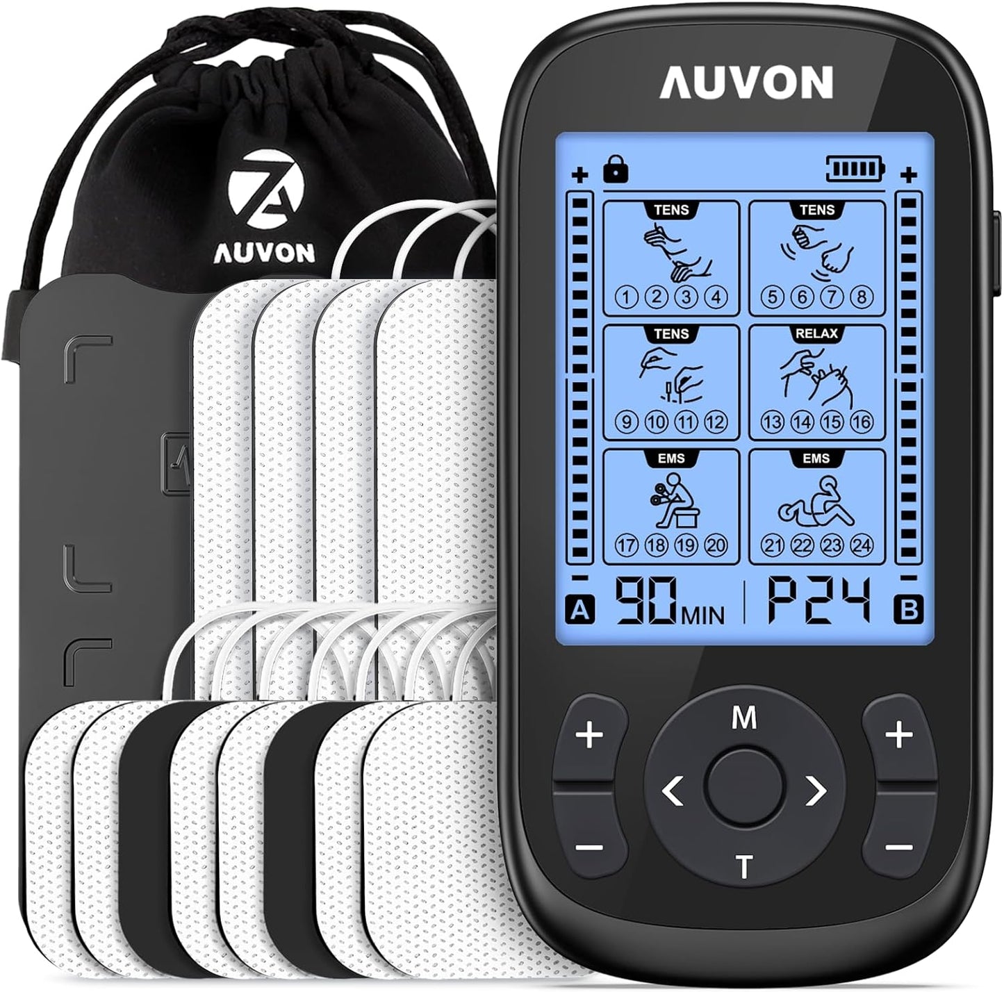 AUVON 3-in-1 TENS Unit Muscle Stimulator With 12 TENS Pads