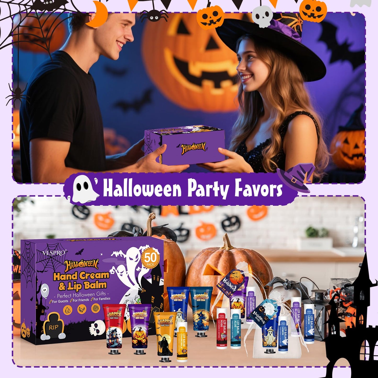 VESPRO 50 Pack Halloween Hand Cream, Facial Mask and Lip Balm Set