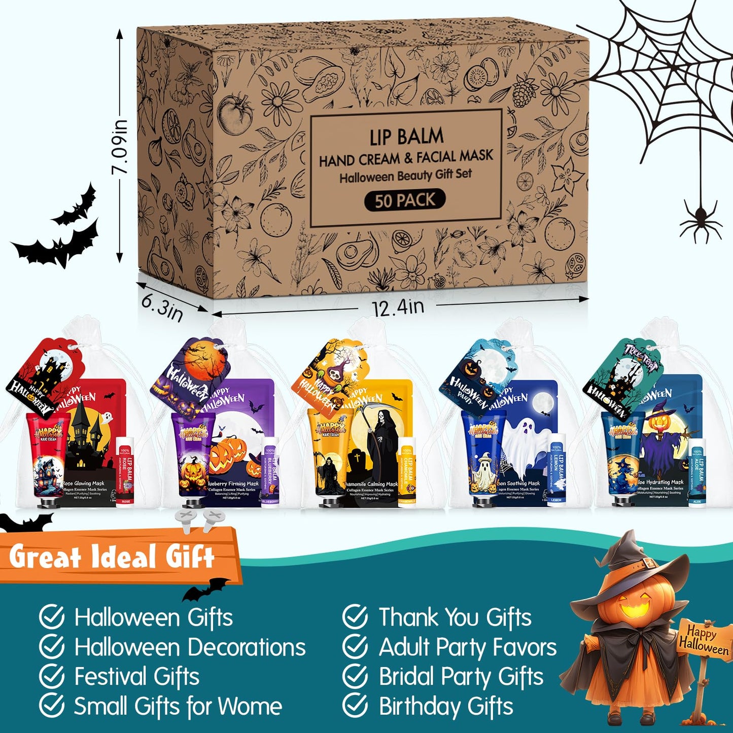 VESPRO 50 Pack Halloween Hand Cream, Facial Mask and Lip Balm Set