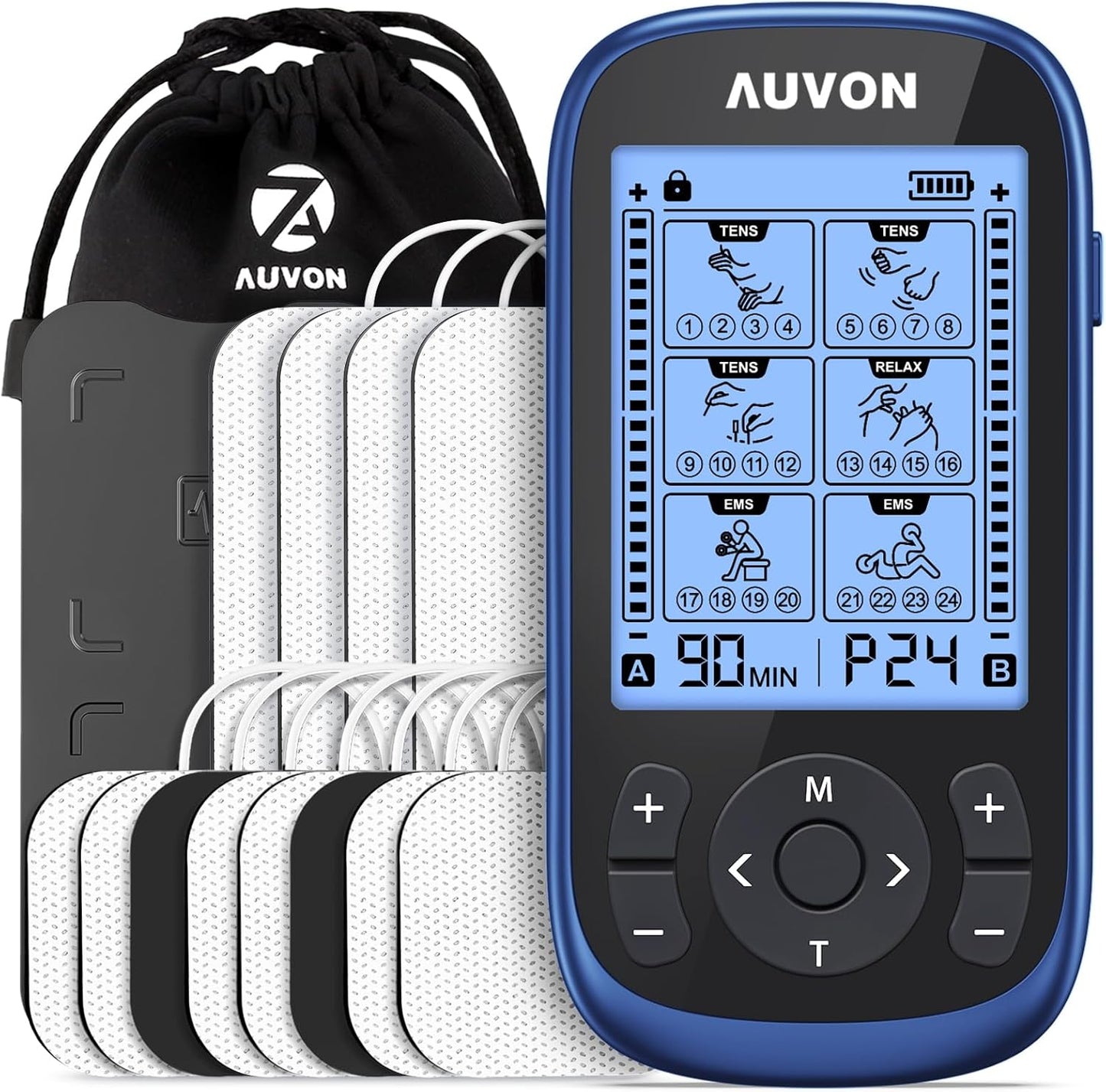 AUVON 3-in-1 TENS Unit Muscle Stimulator With 12 TENS Pads