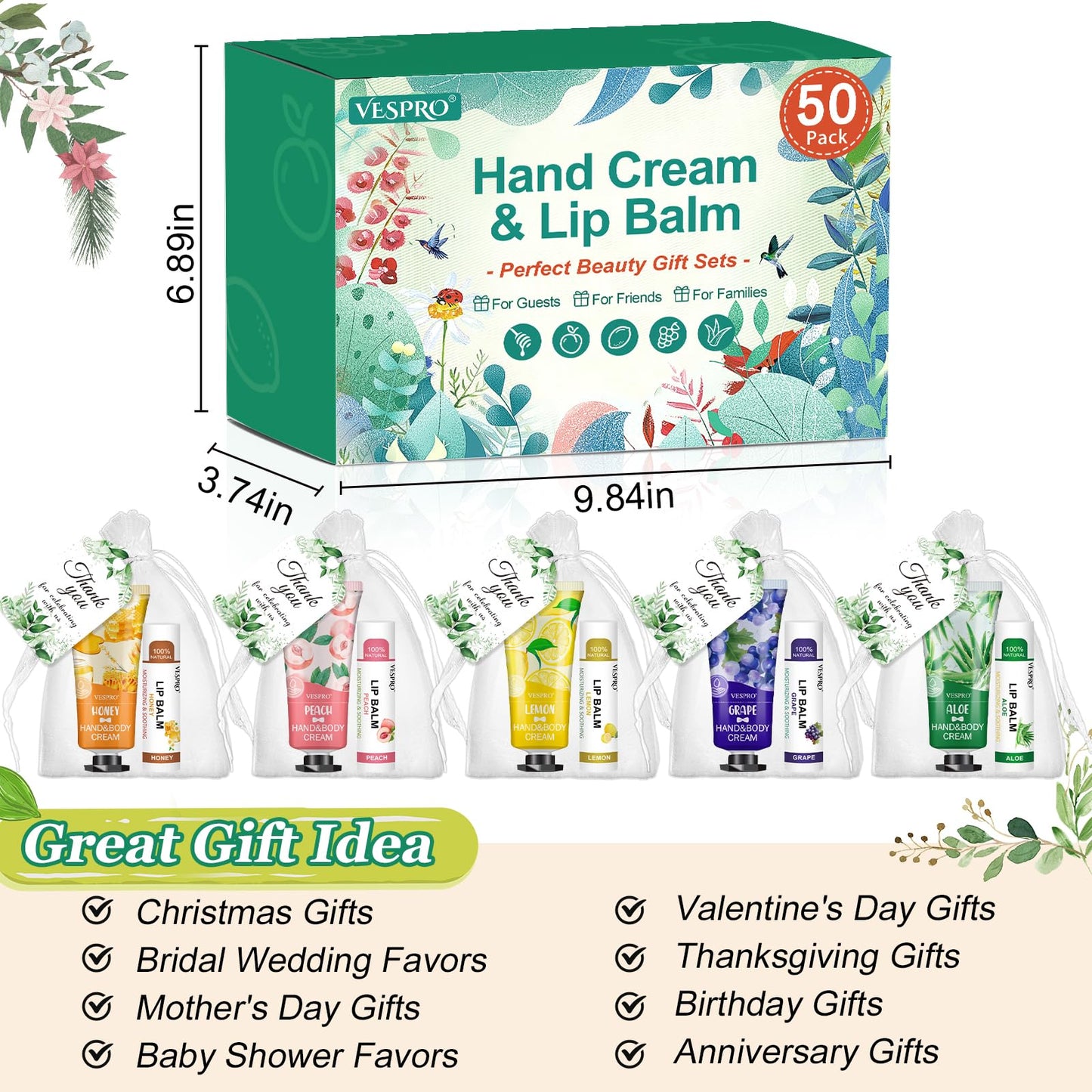 VESPRO 50 Pack Halloween Hand Cream, Facial Mask and Lip Balm Set