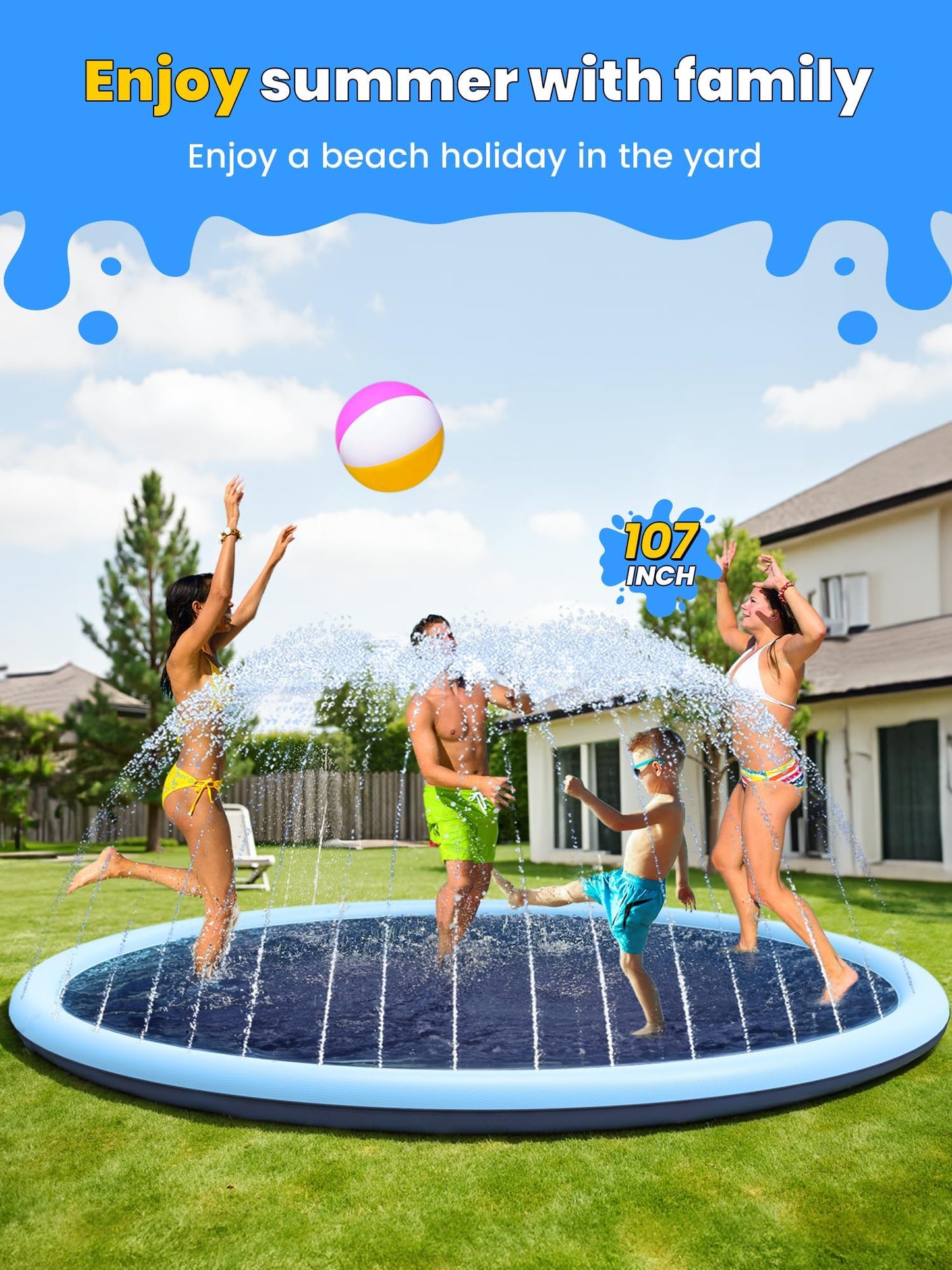 VISTOP Non-Slip Splash Pad for Kids and Dog, Thicken Sprinkler Pool Summer Outdoor Water Toys - Fun Backyard Fountain Play Mat for Baby Girls Boys Children or Pet Dog (67 inch, Blue&Blue)