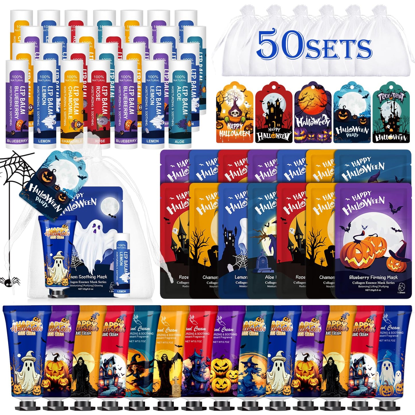 VESPRO 50 Pack Halloween Hand Cream, Facial Mask and Lip Balm Set