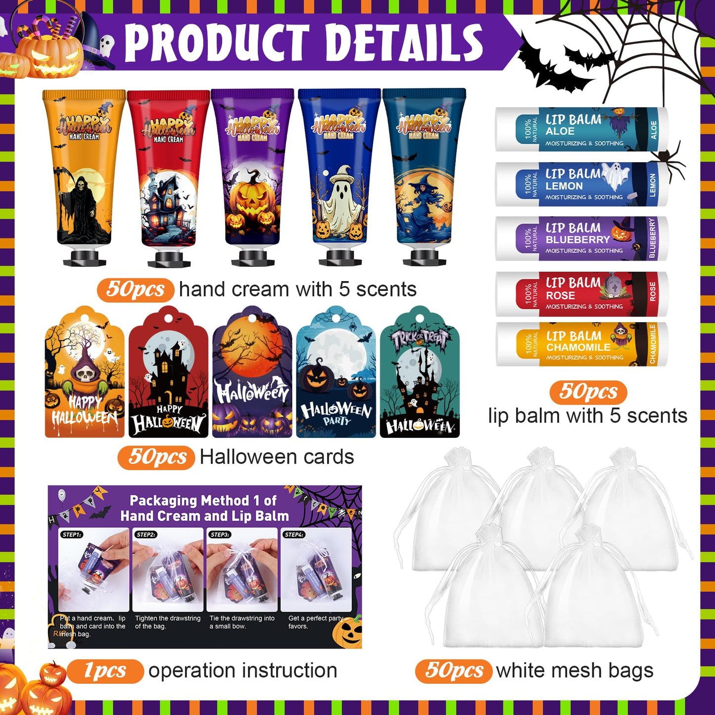 VESPRO 50 Pack Halloween Hand Cream, Facial Mask and Lip Balm Set