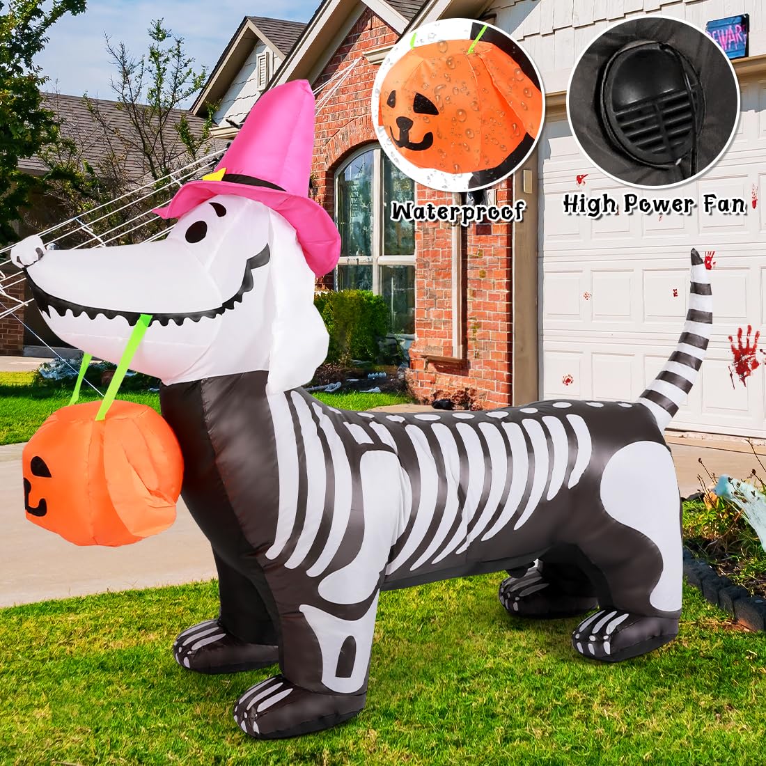 GOOSH 5.5 FT Inflatables Outdoor Decorations Skeleton Puppy  for Halloween Party