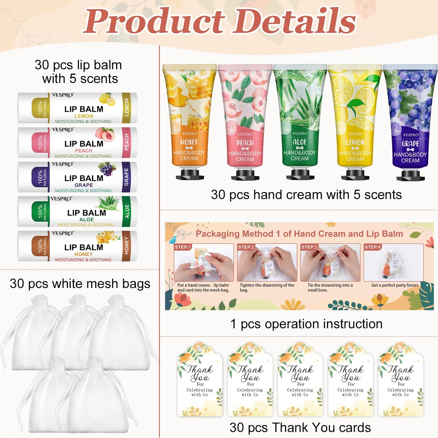 VESPRO 50 Pack Halloween Hand Cream, Facial Mask and Lip Balm Set