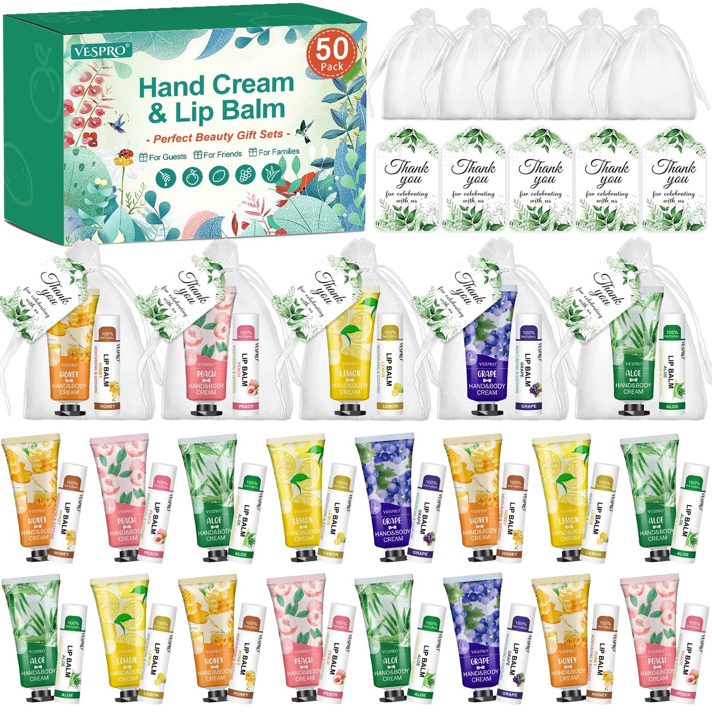 VESPRO 50 Pack Halloween Hand Cream, Facial Mask and Lip Balm Set