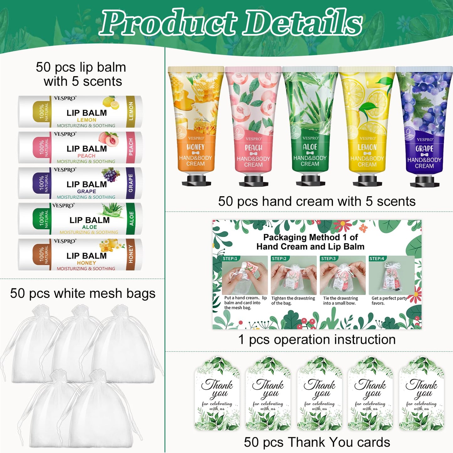 VESPRO 50 Pack Halloween Hand Cream, Facial Mask and Lip Balm Set