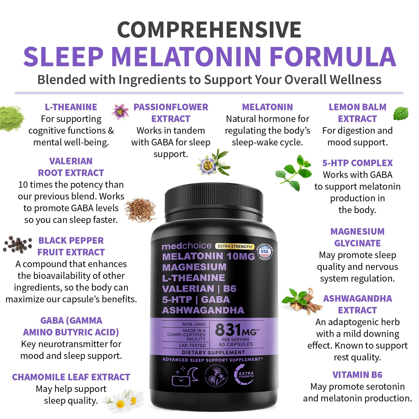 12-in-1 Melatonin Sleep Capsules - Natural Sleep Aids for Adults with Melatonin 5mg
